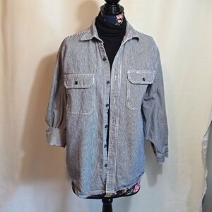 KEY Ladies' Shacket Men's Heavy Cotton Navy Stripe Work Shirt Unisex Men's Med